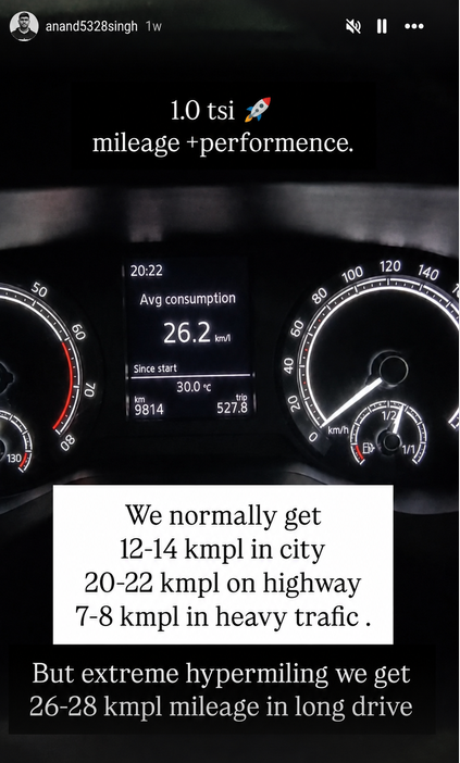 vw virtus 1.0 tsi MT ( mileage ) . 4.5 month old car driven around 10k km .... turbo engines give best mileage when you rive in constant 2000-2400 rpm range .